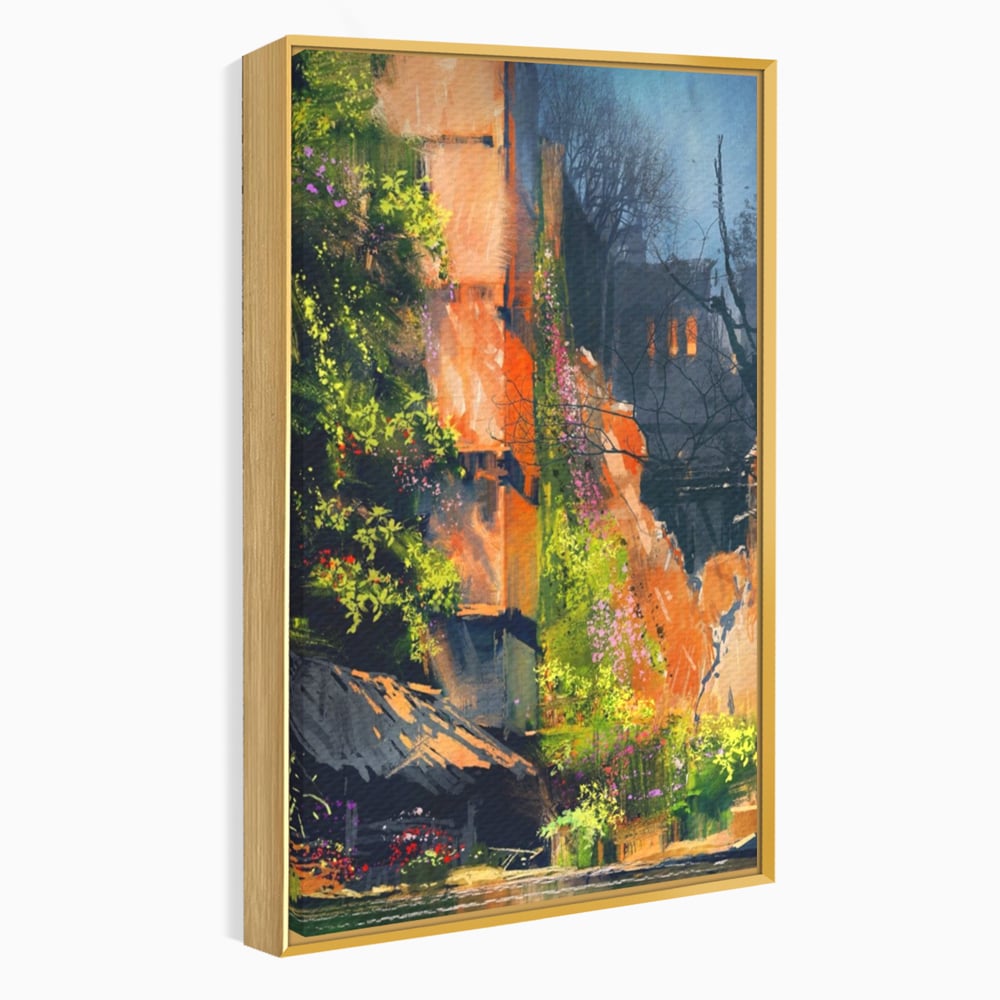 Tablou canvas cu pictura verticala cu ziduri vechi si flori, in rama de aluminiu auriu